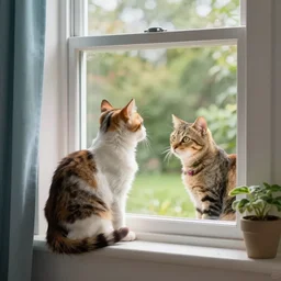 a calico kitten sitting on the window ledge inside a comfy home looking outside at another cat that is outside, on a beautiful day, featured on artstation