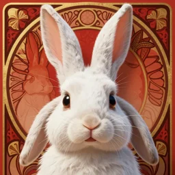 close up portrait of anthropomorphized white rabbit, long floppy ears and big round eyes by artgerm, cushart krenz, greg rutkowski, mucha. art nouveau. gloomhaven, red tones, vibrant colors, sharp edges. ultra clear detailed. 8 k. elegant, intricate, octane render