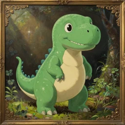 a green anthropomorphic dinosaur, art by studio ghibli, adorable and whimsical, oil on canvas, photorealism, ornate detail