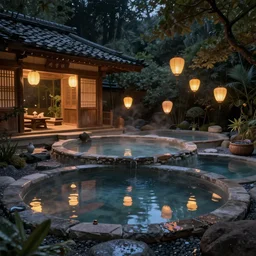 cozy hidden empty tiered japanese hot springs next to grand pogotas night by greg rutkowski craig mullins ross tran mucha levitating lanterns lumen reflections matte painting fantasy specular lighting trending on artstation