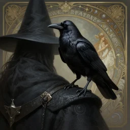 dark crow sitting on the shoulder of a dark wizard, deep focus, d & d, fantasy, intricate, elegant, highly detailed, digital painting, artstation, concept art, matte, sharp focus, illustration, hearthstone, art by artgerm and greg rutkowski and alphonse mucha