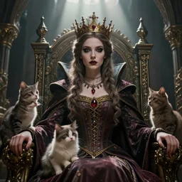 highly detailed closeup portrait of a goth medieval queen wearing a crown and sitting on a throne, surrounded by cute cats, unreal engine, nicoletta ceccoli, mark ryden, earl norem, lostfish, global illumination, god rays, detailed and intricate environment