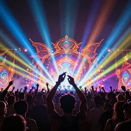 crowd partying with their hands up at a festival, silhouette, moving heads light beams, light show, digital art, vivid colors, trending on artstation, 4k, unreal engine, intricate, ornate
