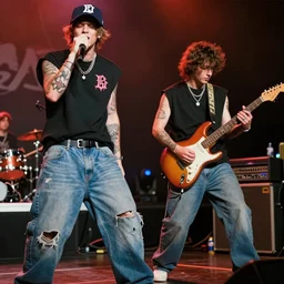 19-year-old white boys wearing baseball cap and baggy jeans, tattoos, singer and guitarist, concert quality, 2002 alternative metal, nü metal, rap metal, VHS quality, MTV