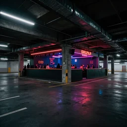 wide angle shot of an underground club which is located two floors underground in parking a lot with minimal hip - hop lighting design which can be seen from the street