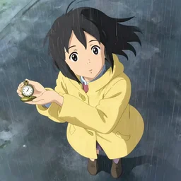 girl in a yellow coat standing in the rain holding a small pocket watch, thick outlines, pale colors, digital art, hard edges, detailed, dynamic pose, character design, fisheye perspective, above angle, artwork by makoto shinkai, very coherent asymmetrical artwork, matte painting, sharp edges, perfect face, simple form