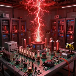 an immaculate octane redshift render of the nexus between a vast modern computing center and an alchemist\'s lab with exposed circuit boards, nixie tubes, tesla coils and lichtenberg figures by Zdzisław Beksiński and beeple, beautiful modern colors, ultradetailed, 4k ultra