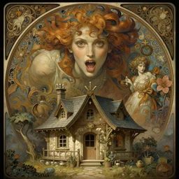 symmetry!! a small cabin with a giant above it look hungry, dnd, intricate, elegant, highly detailed, digital painting, artstation, concept art, smooth, sharp focus, illustration, art by artgerm and greg rutkowski and alphonse mucha