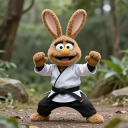a little brown karate loving ninja bunny that is a muppet wearing cool ninja clothes and practicing her karate out in nature, photorealistic, photography, ambient occlusion, rtx, national geographic, sesame street