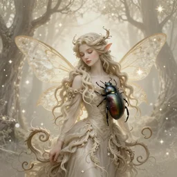 Fae of the enchanted woods with beetle wings and tendrils. a beautiful fantasy portrait by Jean-Honoré Fragonard, intricate details, elegant flowing tendrils, peace, contentment, wicca : stars, moonlight, epic lighting, soft vibes, beige neutral warm tones, bokeh