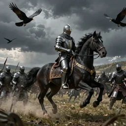 a knight with black armor and gold details on a runaway black horse rides in a valley during a battle between templars with a stormy sky and flying crows high detailed 4k realistic light