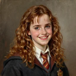 painting of emma watson as hermione granger. smiling. happy. cheerful. art by william adolphe bouguereau. extremely detailed. beautiful. 8 k. award winning.