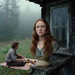 portrait bust of emma stone having a picnic with tom holland, solemn expression, faded color film, russian cinema, tarkovsky, kodachrome, old cabin, next to window, heavy forest outside, long brown hair, old clothing, heavy fog, hudson river school, 4 k, dramatic lighting, greg rutkowski