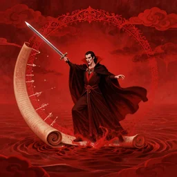 sacred man vampire, red sea, sword attack, acanthus scroll, ceremonial clouds, dripping paint, fibonacci rhythm, artstation, art germ, wlop, karol bak, christopher balaskas, ross tran