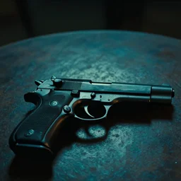 film still of closeup pistol taped to the bottom of table, cinematic, moody, gritty neon noir by emmanuel lubezki