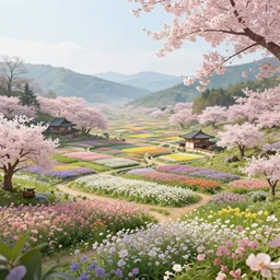 ancient utopian japanese farm in paradise, fields of flowers, sakura trees, blooms, by leon tukker, zaha hadid, photography, cinematic lighting, octane render, artstation