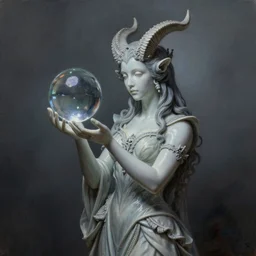 By Tom Bagshaw, ultra realist soft painting render of a beautiful face horned single porcelain female in long curvy gothic dress holding with her hands a floating transparent glass sphere, reflection and refraction, symmetry accurate features, very intricate details, deep fog, dark fantasy background, artstation
