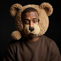 a ( ( chiaroscuro lighting portrait ) ) of kanye west ( ( ( ( ( dressed as teddy bear mascot ) ) ) ) ), black background, portrait by julia margaret cameron, shallow depth of field, 8 0 mm, f 1. 8