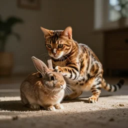 Bengal cat playing with bunny