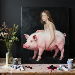 “ a portrait in a female art student ’ s apartment, sensual, a pig sculpture work in progress, art supplies, paint tubes, ikebana, herbs, a candle dripping white wax, black walls, squashed berries, berry juice drips, acrylic and spray paint and oilstick on canvas, surrealism, neoexpressionism ”