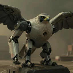 a robot falcon, film still, movie, cinematic