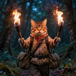 a cat traveler holding fire torch, bags, dark night forest, unrealengine, cinematic