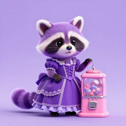 studio photography, adorable perfect 3 d purple littlest pet shop purple raccoon, posing, vintage gothic gown, pink gumball machine, lots of purple fur, smiling, lace, cluttered diorama, master painter and art style of noel coypel, art of emile eisman - semenowsky, art of edouard bisson