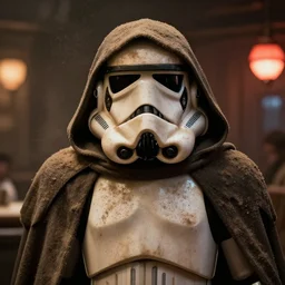 film still of star wars, dirty stormtrooper wearing a hooded cloak, standing in a cantina, closeup portrait, dust, scum and villainy, rim light, embers, hyper detailed, smooth, high contrast, concept art, volumetric lighting, ralph mcquarrie, doug chiang, ryan church