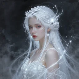 a beautiful white sorceress with snowflakes on her hair, glowing light orbs, intricate concept art, elegant, oil painting, smooth, sharp focus, misty, deep colors, illuminated lines, outrun, vaporware, dark background, cyberpunk darksynth, ethereal, ominous, misty, 8 k, rendered in octane, by ruan jia and miho hirano and jeremy mann