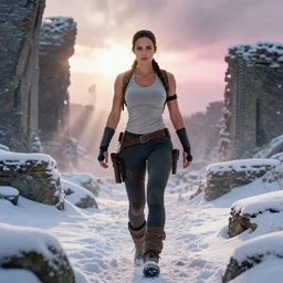 epic portrait of Mila Kunis as muscled Amazon Lara Croft walking through deep snowy ruins, sun rays through snow, pink golden hour, cold stormy wind, intricate, highly detailed, shallow depth of field, epic vista, Ralph Horsley, Daniel F. Gerhartz, Artgerm, Boris Villajo, Lilia Alvarado. IMPORTANT : Two coherent arms, two coherent legs.