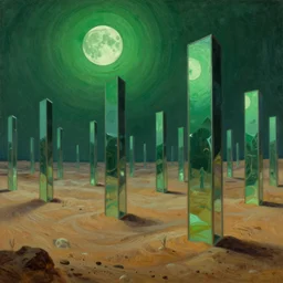 rows of mirror monoliths, green moonlit desert, surrealism, by Tyler Edlin and Jean Delville, by John Berkey and Filip Hodas, sci-fi concept art, Beeple, highly detailed, soft lighting, rendered in octane, by Roger Dean, by Dean Ellis, catholicpunk, german romanticism style, oil on canvas, cinematic lighting, vibrant, concept art, gothic, contrasting, nightscape