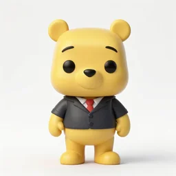 full body 3d render of Winnie the Pooh in a business suit as a funko pop, tiny dot eyes, studio lighting, white background, blender, trending on artstation, 8k, highly detailed
