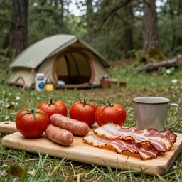 Tomatoes, sausages, nice crispy bacon, hobbit breakfeast camping in the woods