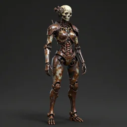 Techno-biological rusty robot geisha consisting of veins, bones, kidneys, wires. Biopunk, body armor, high detail, photorealism, full length view, concept art, dark background, Dan Mumford, Quixel Megascans, octane render, 16k, 8k