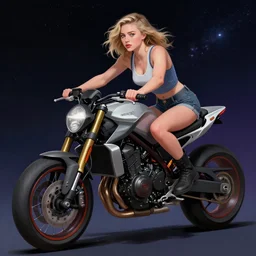 chloe grace moretz is riding a motorbike, digital painting, artstation, the space background, concept art, by artgerm hyperdetailed trending on artstation trending on deviantart