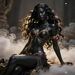 a beautiful female goddess of the black character, character is in all its glory, character is in her natural relaxed pose, rim lights, particles and dust in the air, fancy clouds, highly detailed professional photo, dynamic lights, particles are flying, depth of field, trending on artstation, professional illustration, hyper realistic, vray caustics, super detailed, colorful accents, cinematic shot