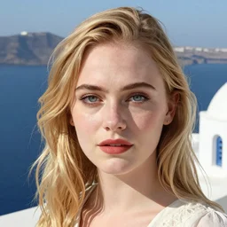 Elle Fanning in Santorini, head and shoulders portrait, extremely detailed masterpiece, illustration, by Michael Sowa,