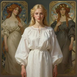 handsome slavic girl, white folklore robe, athletic, pale blond hair, highly detailed, digital painting, artstation, concept art, smooth, sharp focus, illustration, art by krenz cushart and artem demura and alphonse mucha and tony sandoval