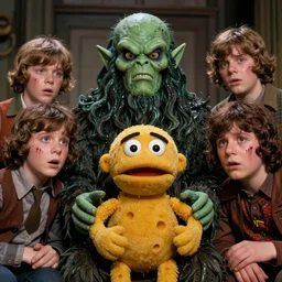full color frame from a live action 1972 kids show with Cthulhu, sad cheese puppet, and the friends, horror, grunge, wet, upsetting