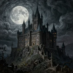 dracula's castle on top of a swirling hill, full moon, hyper realistic painting, gothic, intricate, by antonio lupatelli