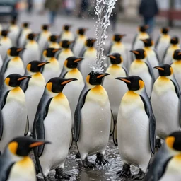 Infinite amount of highly detailed Penguins invading the streets of Berlin, 4k, highly detailed, real life, dramatic, water flowing