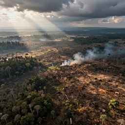 overhead view of an large area with deforestation, pollution, climate change, loss of biodiversity, octane render,