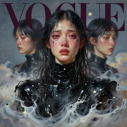 3 d, crying fashion model, morning, liquid black and milk water, stars, vogue cover style, poster art, high detail, intricate oil painting, multiple exposure, heaven mood, hyperrealism, 3 d, by tooth wu and wlop and beeple and greg rutkowski