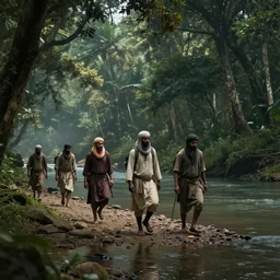 muslim adventurers walking along the river bank in a kerala forest, an epic fantasy, dramatic lighting, cinematic, extremely high detail, photorealistic, cinematic lighting, matte painting, artstation, by Christopher Nolan, horizon forbidden west