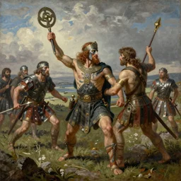 celtic picts wearing warpaint battling romans in ancient scotland landscape, epic painting classical