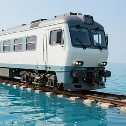 A photo from the cab of a moving train half submerged in crystal-clear water, high quality, studio