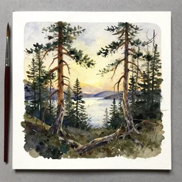 small centered on watercolor paper, paint brush strokes, abstract watercolor painting of scandinavian view, crooked pine trees, twisted, viking mythology, cinematic light, american romanticism by hans dahl, by jesper ejsing, by anders zorn, by greg rutkowski, by greg manchess, by tyler edlin