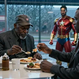 movie scene of an old black detective eating breakfast in a diner, deep cold lighting, rainy day, wonder man ( 2 0 0 8 )