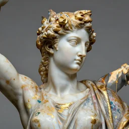 shiny colourful polished marble goddess of nature close - up portrait statue by michelangelo buonarroti and by gian lorenzo bernini covered in color paint splashes, partially gold plated, ultra - detailed chiaroscuro studio photograph