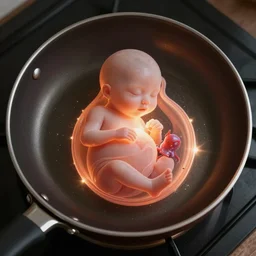 a frying pan cooking a human embryo